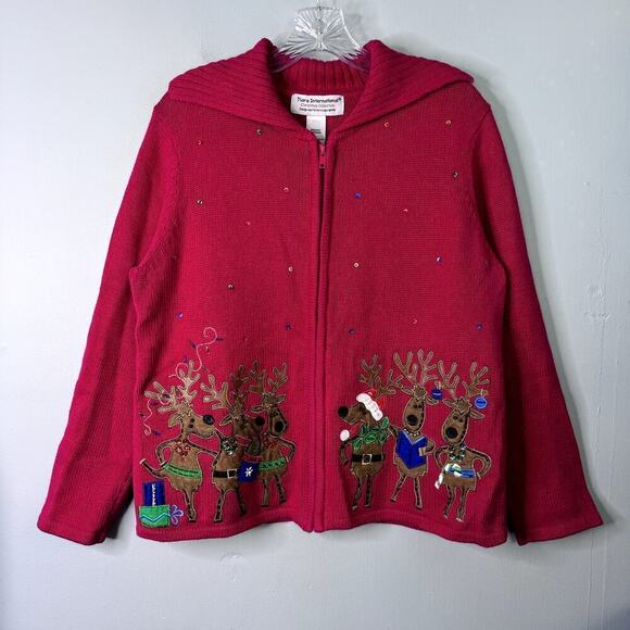 Tiara international Sweaters - Vtg Tiara International Christmas Collection Reindeer Red Full Zip Sweater Sz M